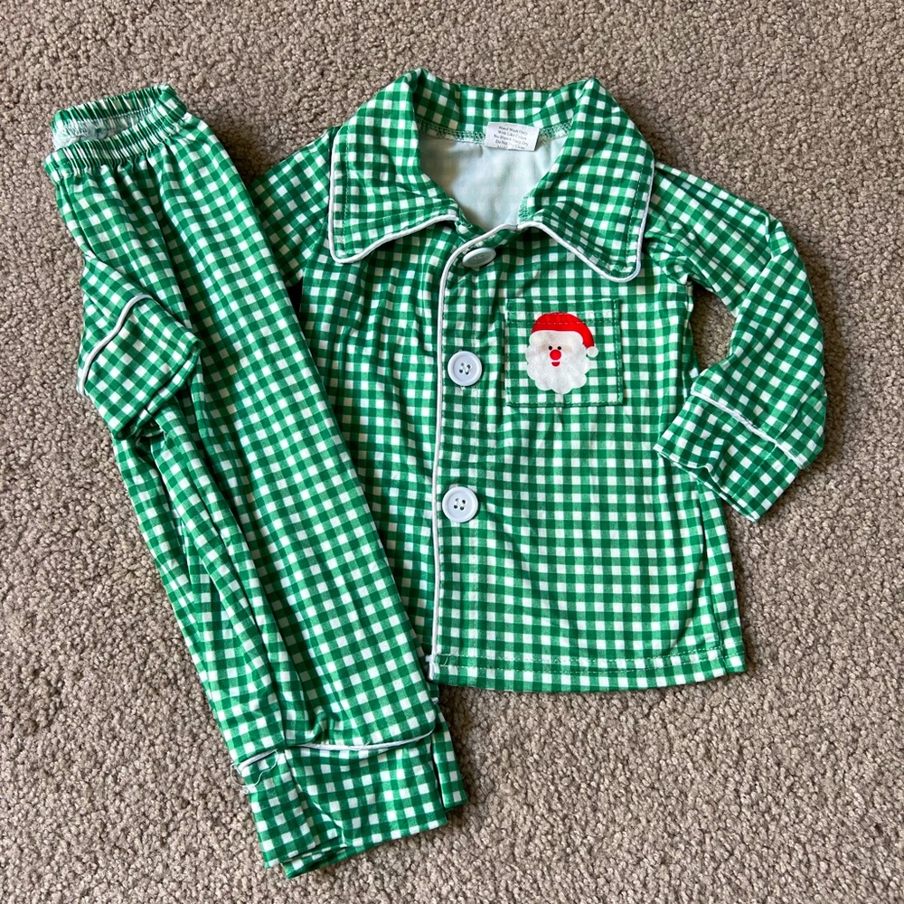 Green and white check Christmas Santa 2 piece Pajamas. Size 6-12 Months.